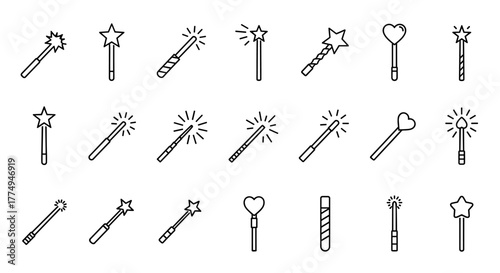 Collection of simple linear magic wand outline illustrations, perfect for web, books, cards, and apps. This vector cartoon illustration features editable strokes and a white background, offering a