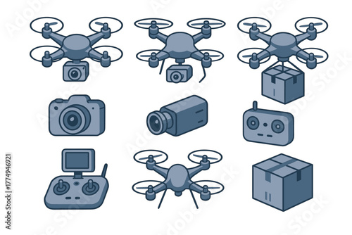 Isometric drone technology set featuring cameras and remote control