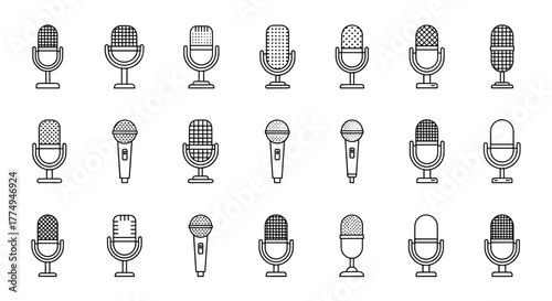 Collection of outline microphone line icons, featuring vintage and modern designs, perfect for graphic design, web development, app interfaces, advertising, and various card illustrations, presented