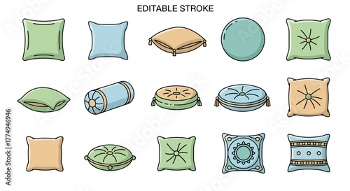 Collection of colorful and diverse pillows and cushions, including square, round, and bolster shapes, with decorative tassels and intricate patterns, presented as editable stroke vector cartoon