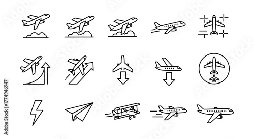 A meticulously crafted vector illustration featuring a clean, minimalist line icon of an airplane set against a pristine white background, perfect for aviation, travel, and technology-themed designs