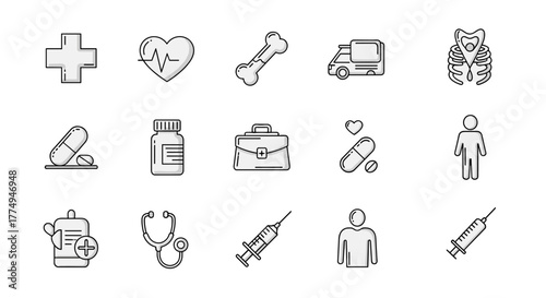 A collection of minimalistic, line-art medical icons, featuring a cross, heart with ECG, bone, ambulance, rib cage, pills, medicine bottle, briefcase, syringe, and human figures, perfect for web
