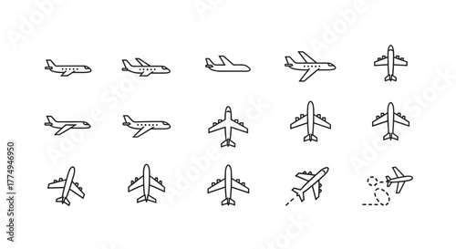 Collection of minimalistic line art airplane and jet icons, representing various aircraft types and flight paths, perfect for web design, graphic applications, banners, social media, and digital