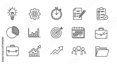 A collection of hand-drawn line icons representing productivity and business concepts, including a lightbulb for ideas, gears for process, a stopwatch for time management, a checklist, a pie chart