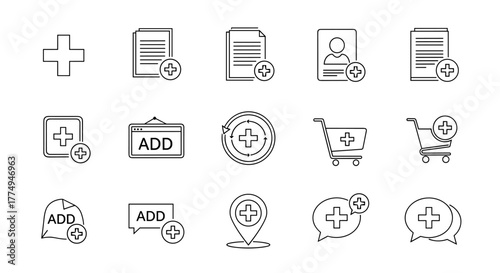 Collection of outline icons symbolizing addition and new items, featuring plus signs, document additions, profile additions, shopping carts, location pins, and chat bubbles, perfect for web, apps