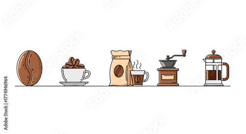 A minimalist, linear vector illustration showcasing the journey of coffee, featuring a large coffee bean, a cup filled with beans, a bag of coffee, a steaming mug, a manual grinder, and a French