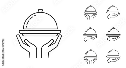 Elegant outline icon of a restaurant bowl with a cloche held between two hands, symbolizing service and fine dining. This versatile vector graphic is perfect for web design, app interfaces