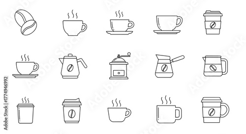 Collection of outline icons representing coffee and coffee-making essentials, including beans, cups, mugs, a grinder, and pots, perfect for graphic design, web, apps, and advertising on a white