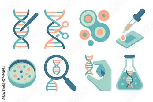 Genetic science icons: dna, microscope, petri dish, and lab tools in flat design