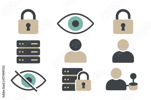 Cybersecurity and privacy icons set with lock, eye, and user symbols