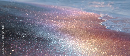 Shimmering holographic seashore with glowing sands and neon water waves for holiday advertising creative tourism campaigns and tropical vacation destination marketing with luminous reflective lighting