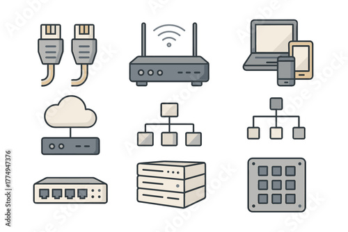Technology icons set: network, devices, cloud, server, and connectivity