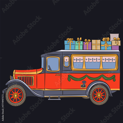 A decorated Christmas bus in Rothenburg ob der Tauber, Germany.