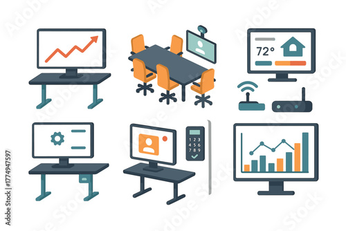 Office technology icons for modern workspace: computers, conferencing, smart devices
