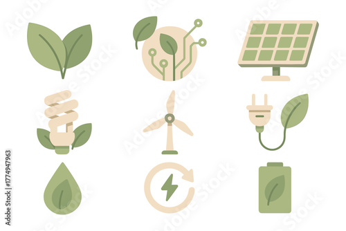 Eco-friendly energy icons featuring solar, wind, and sustainable concepts in flat style