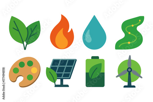 Eco-friendly icons set featuring solar panels, wind turbine, and natural elements in flat style