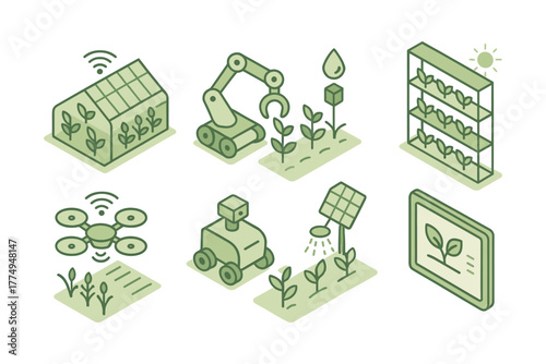 Isometric icons of smart agriculture technology and sustainable farming solutions