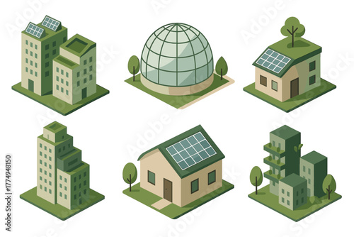 Isometric sustainable architecture with eco-friendly green building designs