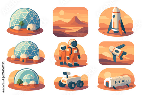 Futuristic mars colony exploration with geodesic domes and spacecraft design