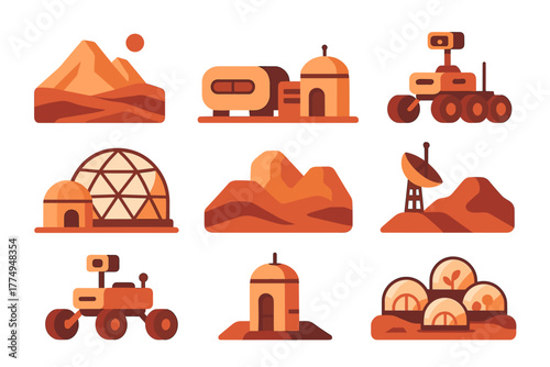 Futuristic mars colony concept with habitats, rovers, and geodesic domes in flat design