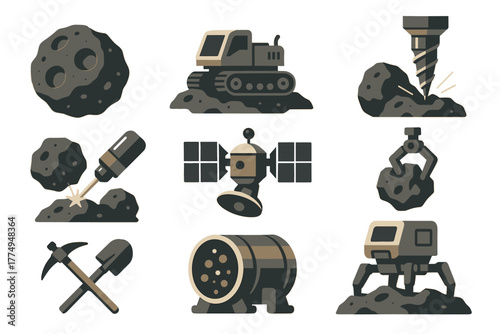 Space mining icons set featuring asteroids, machinery, and tools in a flat design