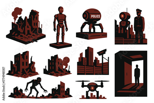 Futuristic urban dystopia: robots and ruins in a dark cityscape
