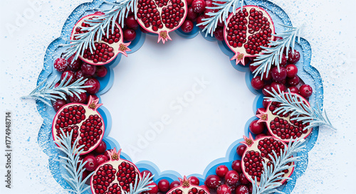 Winter holiday frame with pomegranate and cranberry for seasonal greeting card or festive banner