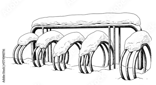 Hand-drawn graphic of snow on bicycle rack for urban lifestyle or city planning illustration