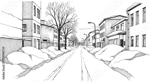Winter city street sketch with snow piles for a coloring book or graphic novel illustration