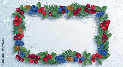 Decorative winter berry frame for Christmas greeting card template and New Year holiday banner