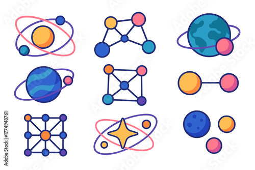 Colorful celestial and atomic icon set with line art style