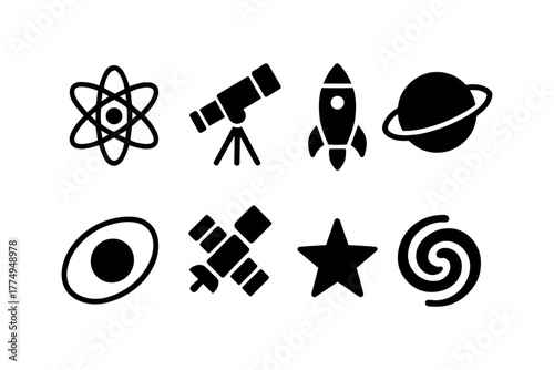 Space icons set: telescope, rocket, planet, atom, star, galaxy, satellite, orbit