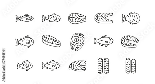 A collection of simple, clean outline illustrations of various fish and fish steaks, presented on a white background, perfect for graphic and web design, apps, adverts, and various cards, offering a