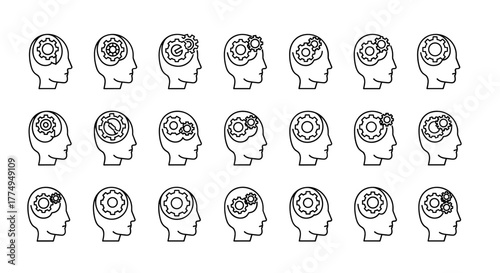 Set of 21 white outline icons representing a human head profile with interlocking gears inside, symbolizing thought process, ideas, and mechanical thinking, perfect for graphic design, web