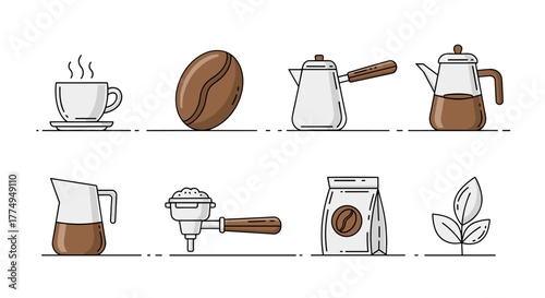 A collection of minimalistic linear coffee-themed vector illustrations, including a steaming cup, a coffee bean, a cezve, a coffee pot, a milk jug, an espresso portafilter, a bag of coffee beans, and