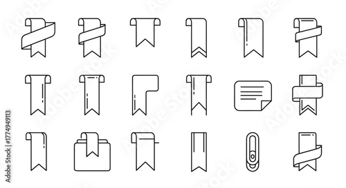 Collection of outline bookmark icons and ribbon banners, perfect for infographics, articles, books, flyers, and banners. This editable stroke vector cartoon illustration features various bookmark