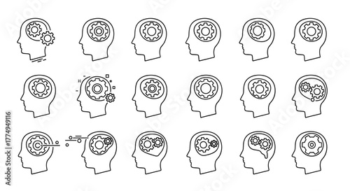 Set of 18 stylized icons depicting a human head silhouette with gears inside, symbolizing thought processes, intelligence, and mechanical thinking. These clean, white line art graphics on a black