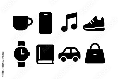 Modern minimalist silhouette icons of everyday objects for versatile design use