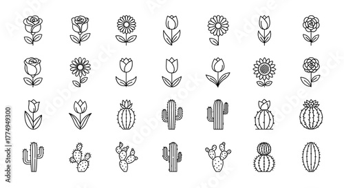 Modern Line Icon Pack Featuring a Collection of Stylized Flowers and Cactuses, Perfect for Web Design, Apps, and Greeting Cards. This Vector Set Includes Linear Illustrations of Plants with Delicate