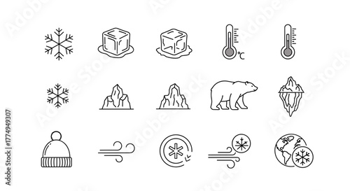 Global Cooling Minimalistic Thin Outline Icon Set for Web and Graphic Design, Apps, Banners, Social Network and Cards, Vector Cartoon Illustration with a Polar Bear, Snowflakes, Ice Cubes