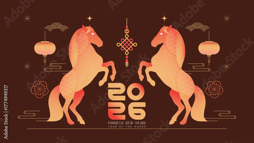 Elegant illustration of two rearing horses with Chinese lanterns and ornaments surrounding bold “2026” typography, celebrating the Chinese New Year or Year of the Horse festive design.