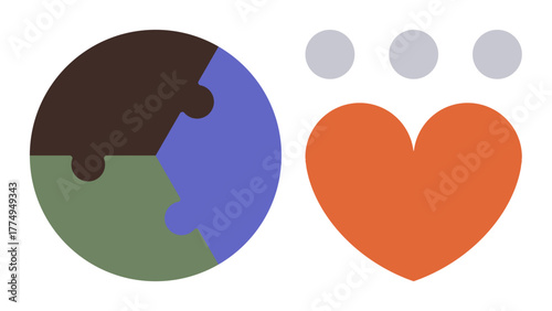 Multi-tone puzzle globe beside vibrant orange heart and three gray dots. Ideal for global unity, sustainability, teamwork, inclusivity, love, compassion, environmental issues. Simple flat metaphor