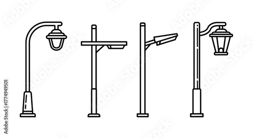Collection of four distinct minimalistic vector illustrations of street lights, showcasing diverse designs from classic lanterns to modern fixtures, perfect for web, graphic design, apps, banners