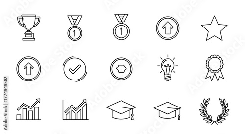 Collection of 15 success-themed line icons, including a trophy, medals, upward arrows, a star, a checkmark, a lightbulb, a graduation cap, a laurel wreath, and bar charts, presented on a clean white