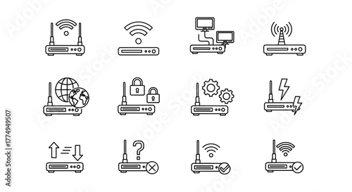 Collection of Wi-Fi router and network-related line icons, perfect for web design, books, cards, and app development, featuring editable strokes and a clean vector cartoon illustration style for
