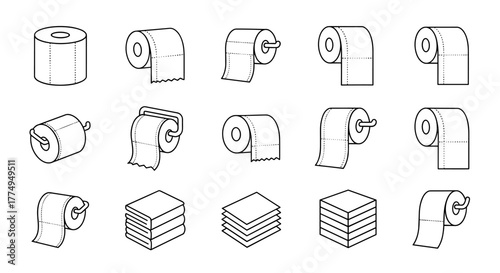 Collection of thin line icons representing toilet paper rolls in various forms and perspectives, including cylindrical, stacked, and partially unrolled states, perfect for web, books, cards, and