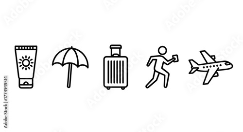 Set of travel-related outline icons including sunscreen, umbrella, baggage, a person running, and an airplane, perfect for banners, infographics, books, articles, and other design projects.