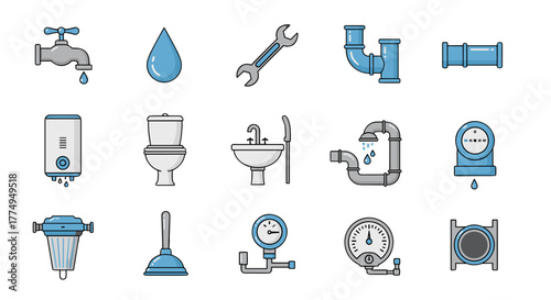A collection of flat design icons representing various aspects of water supply and plumbing, including faucets, water drops, water heaters, toilets, sinks, pipes, wrenches, plungers, water filters
