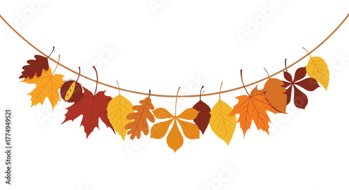 Vibrant autumn leaves garland featuring maple, oak, and chestnut foliage, strung on a rope, creating a festive seasonal decoration and a beautiful natural ornament for fall-themed designs and