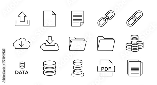 Download icon set containing upload, document, link, download file, folder, data, and PDF icons, presented as a solid icon collection in a vector illustration, perfect for technology and business